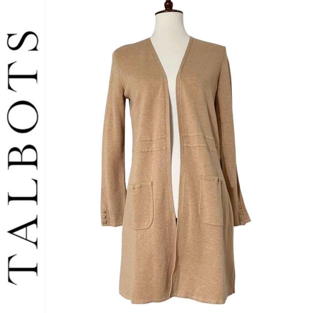 Talbots Women's Tan Long Line Open Front Cardigan Sweater Size P